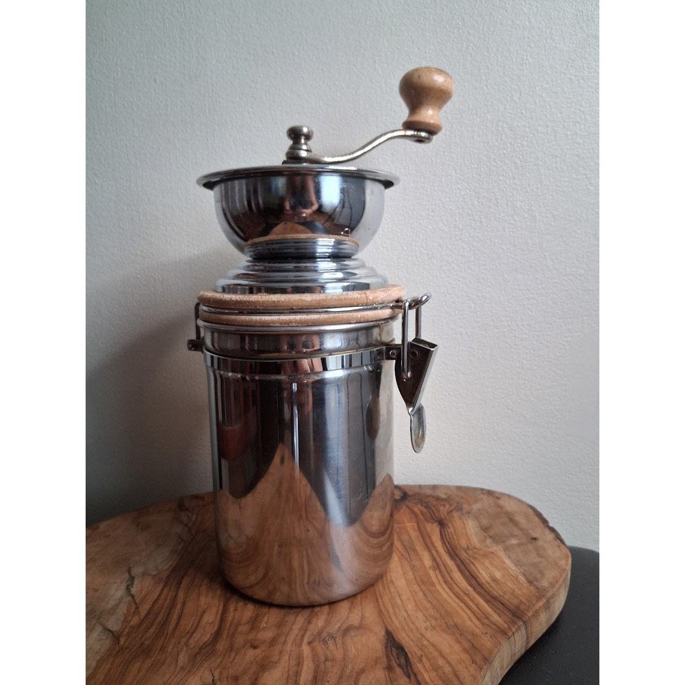Vintage Manual Coffee Grinder Stainless Steel Burr Mill Airtight Canister Silver